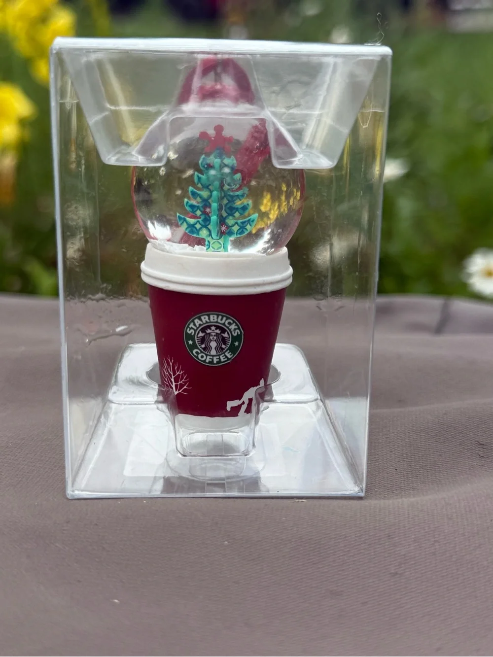 Starbucks Red Mini Snow Globe Cup Ornament with Green Tree